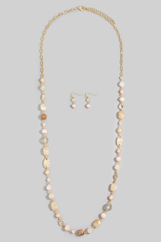 Beaded Hammered Gold Oval Long Necklace
