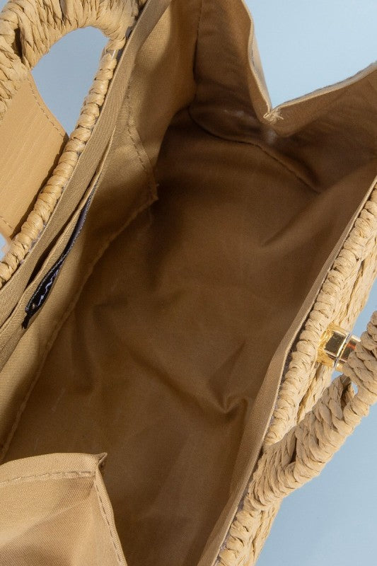 Straw Top Handle Structured Twist Clasp Crossbody