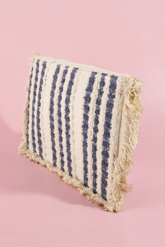 Geo Stripe Shell & Fringe Beaded Clutch-Navy