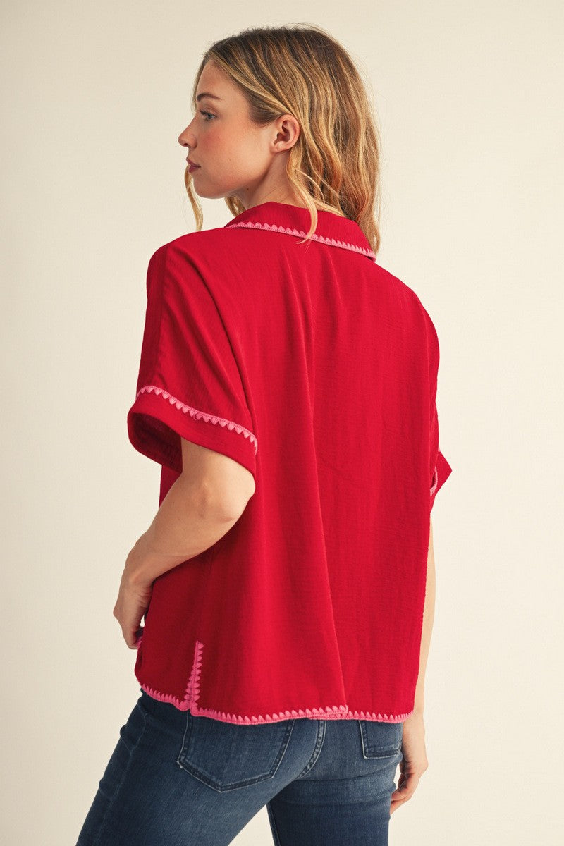 Solid Collared Whip Stich Embroidered Top