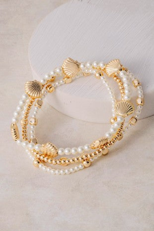 Pearl & Gold Seashell Bracelet Set