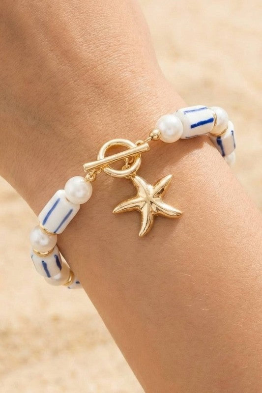 Striped Cylinder & Pearl Starfish Charm Bracelet-Blue