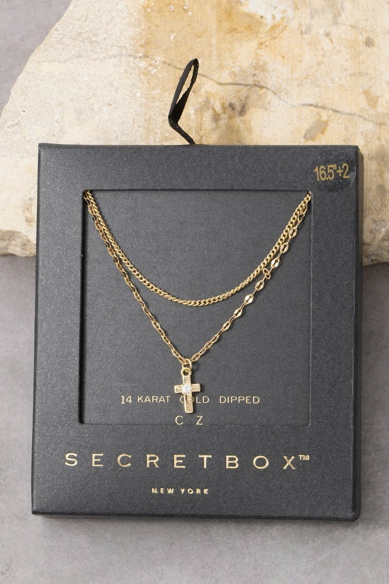 Layered Sparkle Cross Secretbox Necklace-Gold
