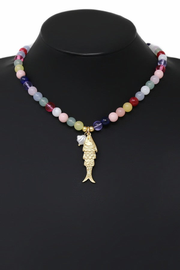 Multicolor Beaded Fish & Pearlized Shell Charm Necklace