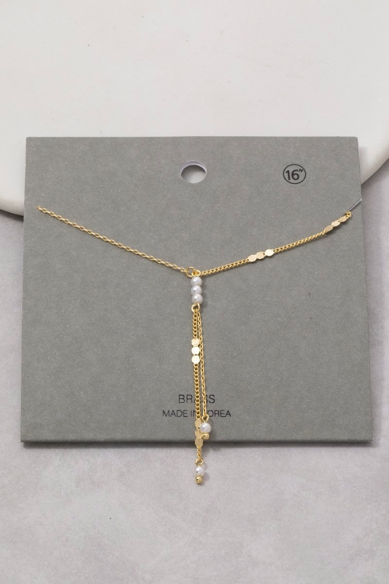 Dainty Pearl & Chain Tassel Lariat Necklace-Gold