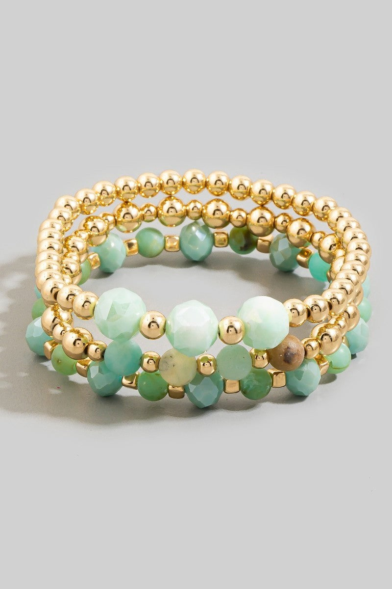 Faceted Round Stone & Gold Bead Bracelet Set