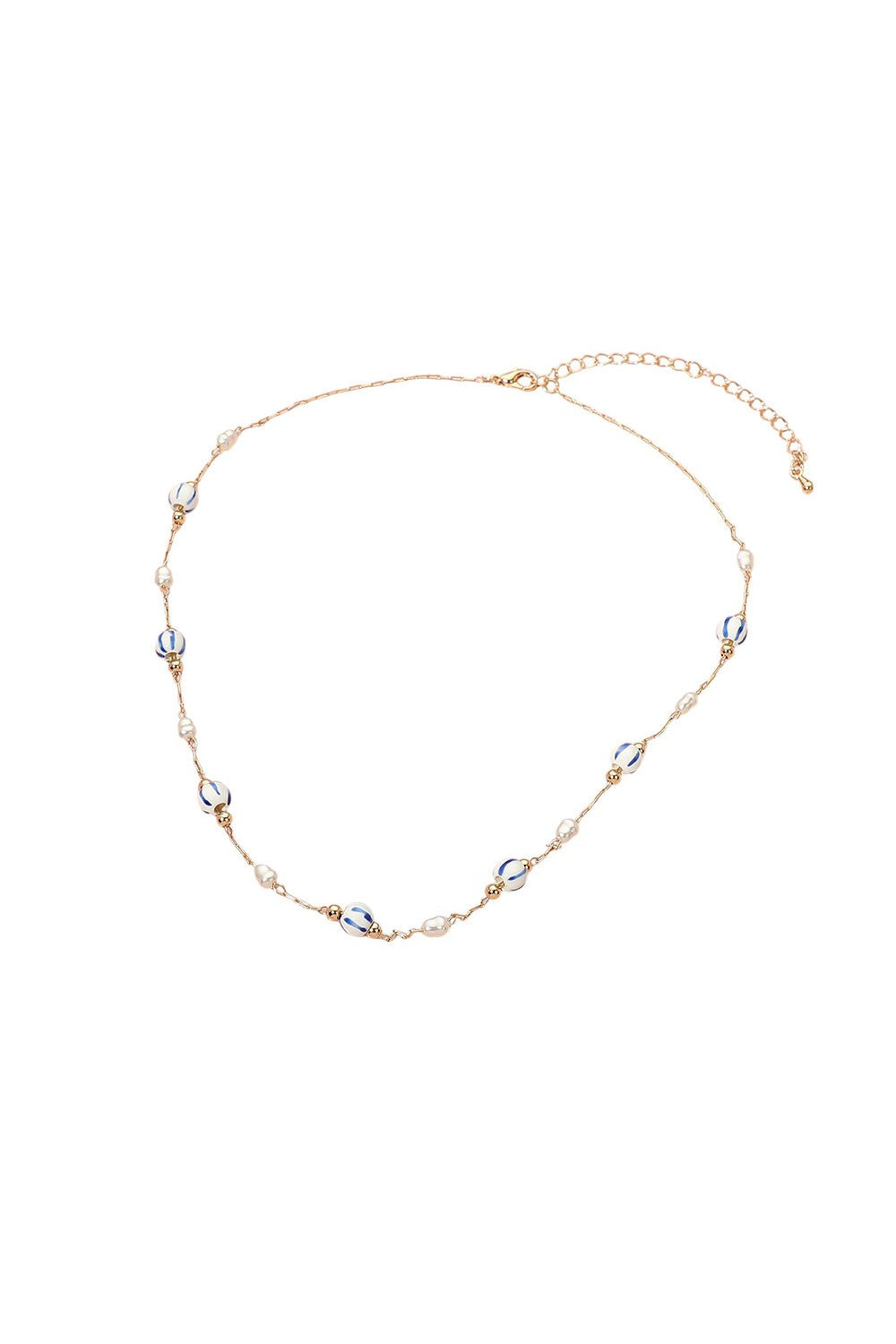 Ceramic Ball & Pearl Chain Necklace-Blue