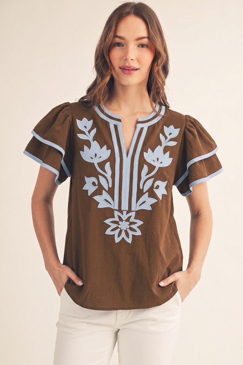 Contrast Applique Floral Flutter Sleeve Top