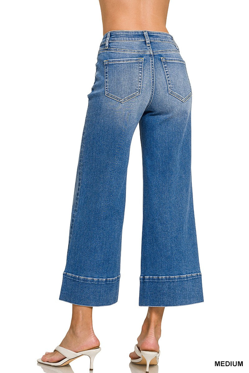Pintuck Front Seam Wide Leg Crop Denim-Med Wash