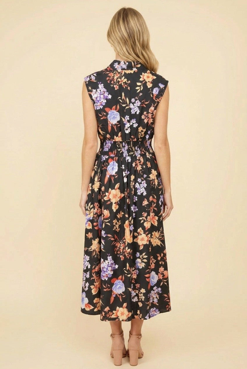 Sleeveless Floral V-Neck Zip Midi Dress-Black