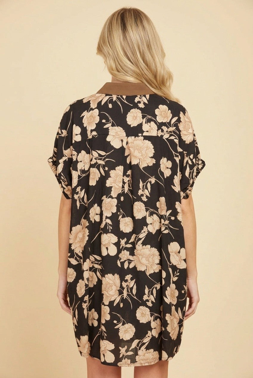 Floral Drop Banded Sleeve Contrast Collar Shift Dress-Black
