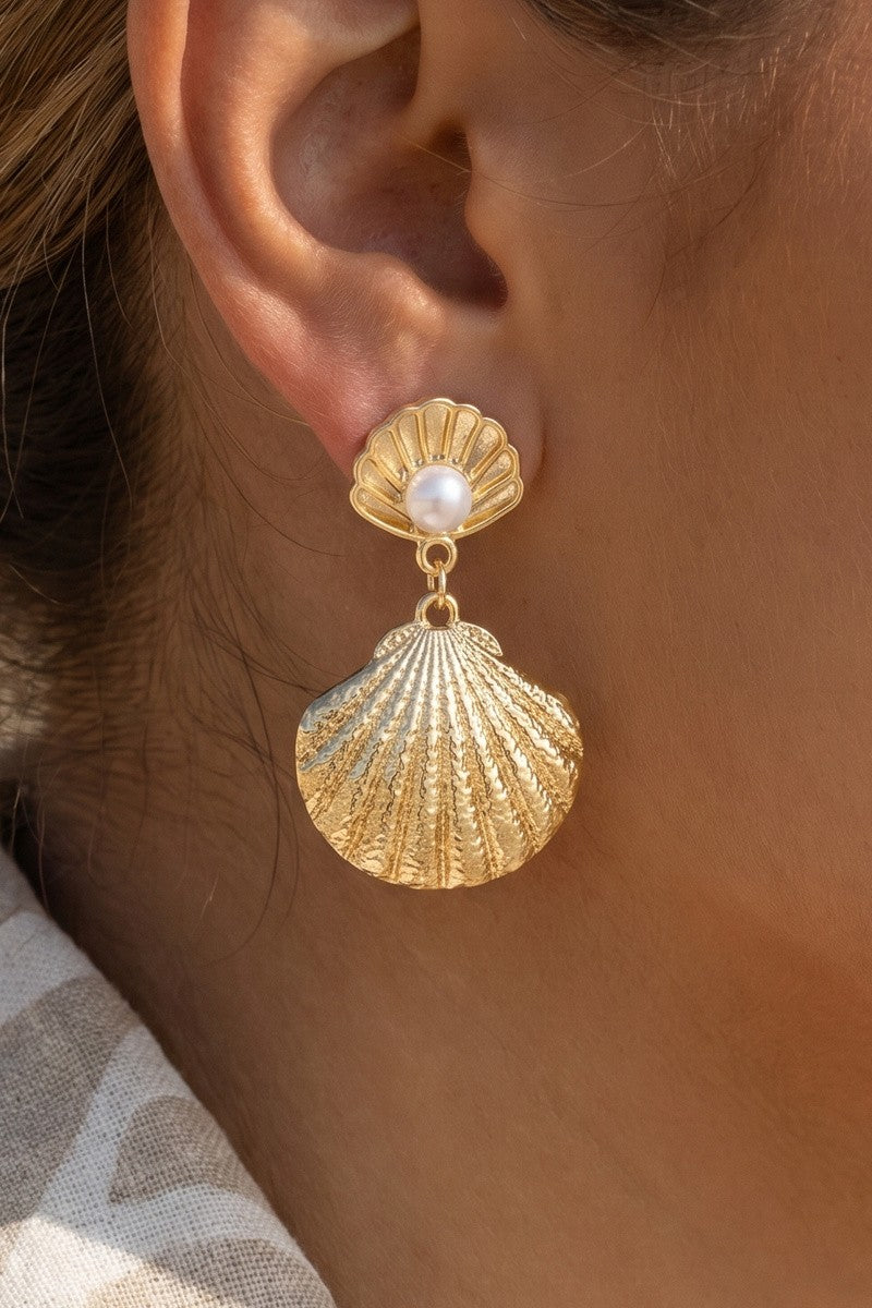 Pearl Double Shell Drop Earring-Gold