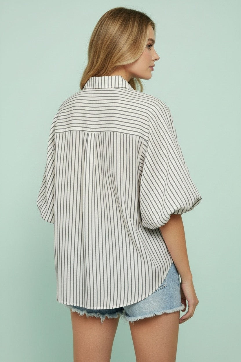 Striped Collared Puff Sleeve Button Down Top-Ivory