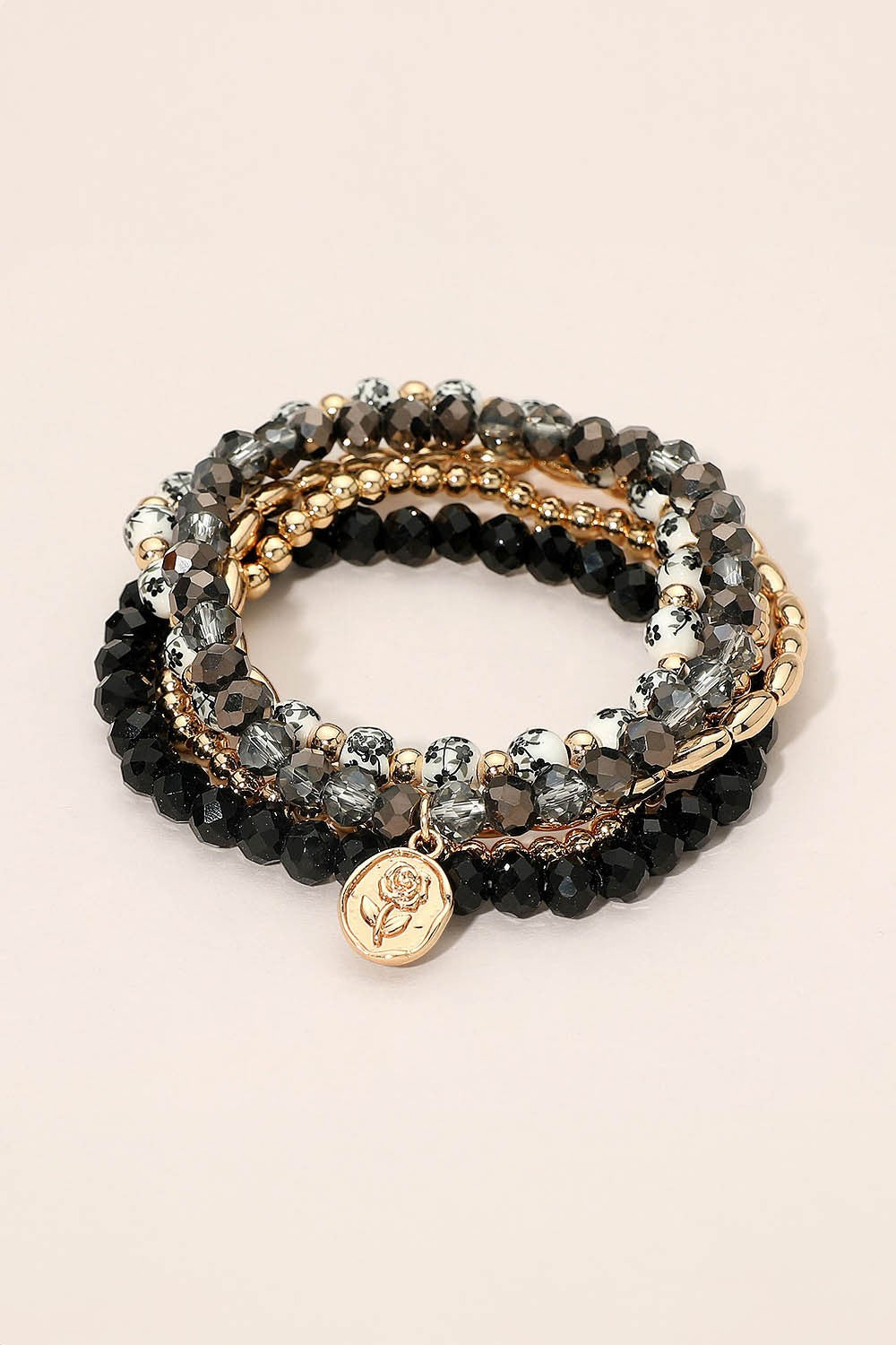 Stamped Flower Disc Floral Beaded Bracelet Set