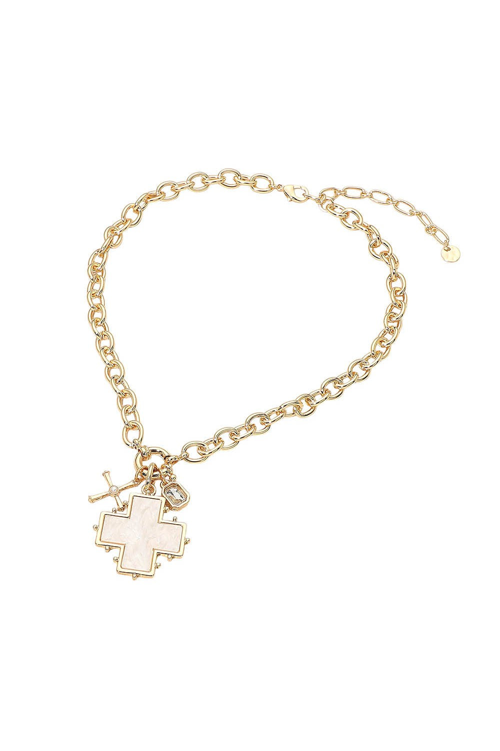 Chunky Pearlized Cross Chain & Charms Necklace