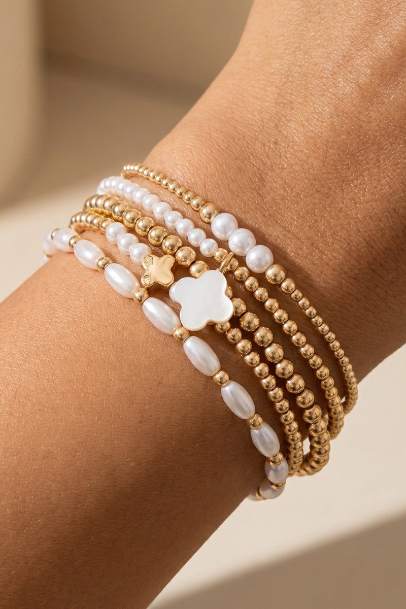 Clover Pearl & Gold Ball Bead Bracelet Set