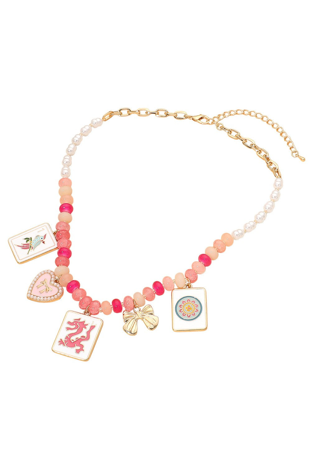 Pink Bead & Pearl Mahjong Tile Charm Necklace