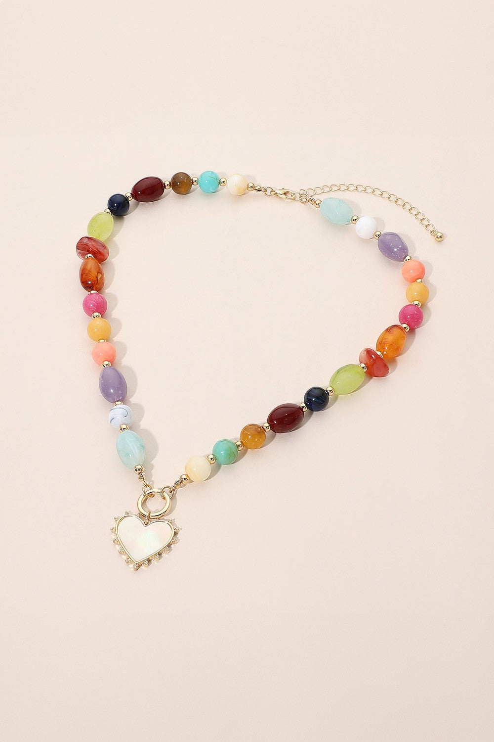 Mixed Bead Pearlized Spike Heart Necklace-Multi