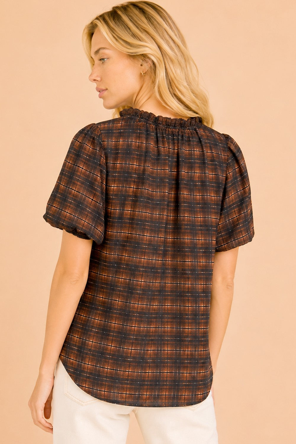 Plaid Ruffled Notch Neck Puff Sleeve Top-Black/Tan