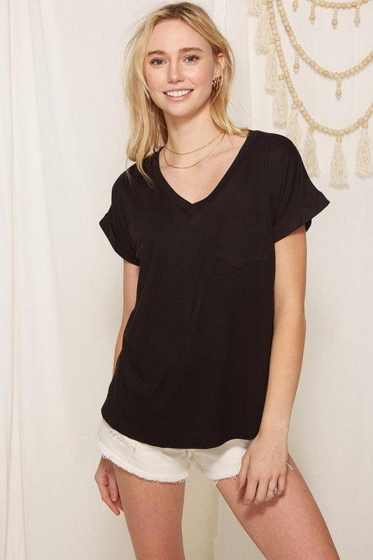 Solid V-Neck Cuffed Sleeve Pocket Top