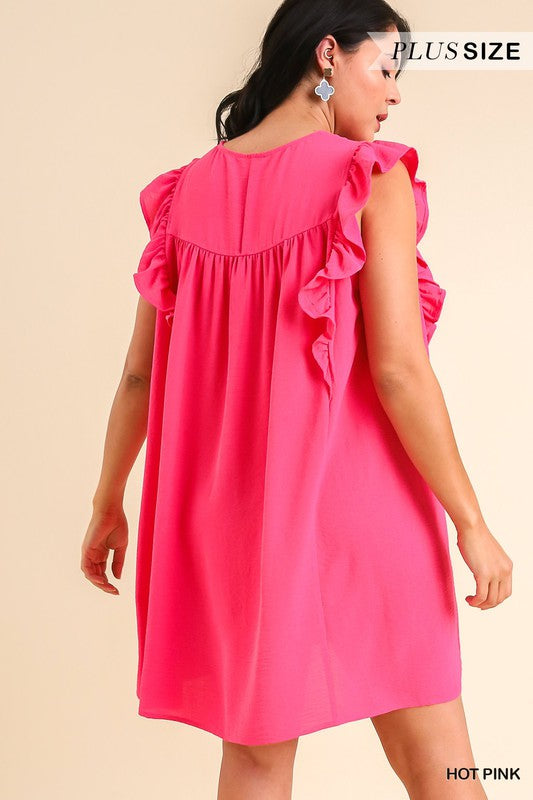 Solid V-Neck Pleat Detail Shift Dress