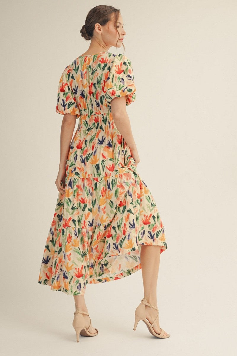 Floral Smocked Waist Puff Sleeve Midi Dress-Red Mix