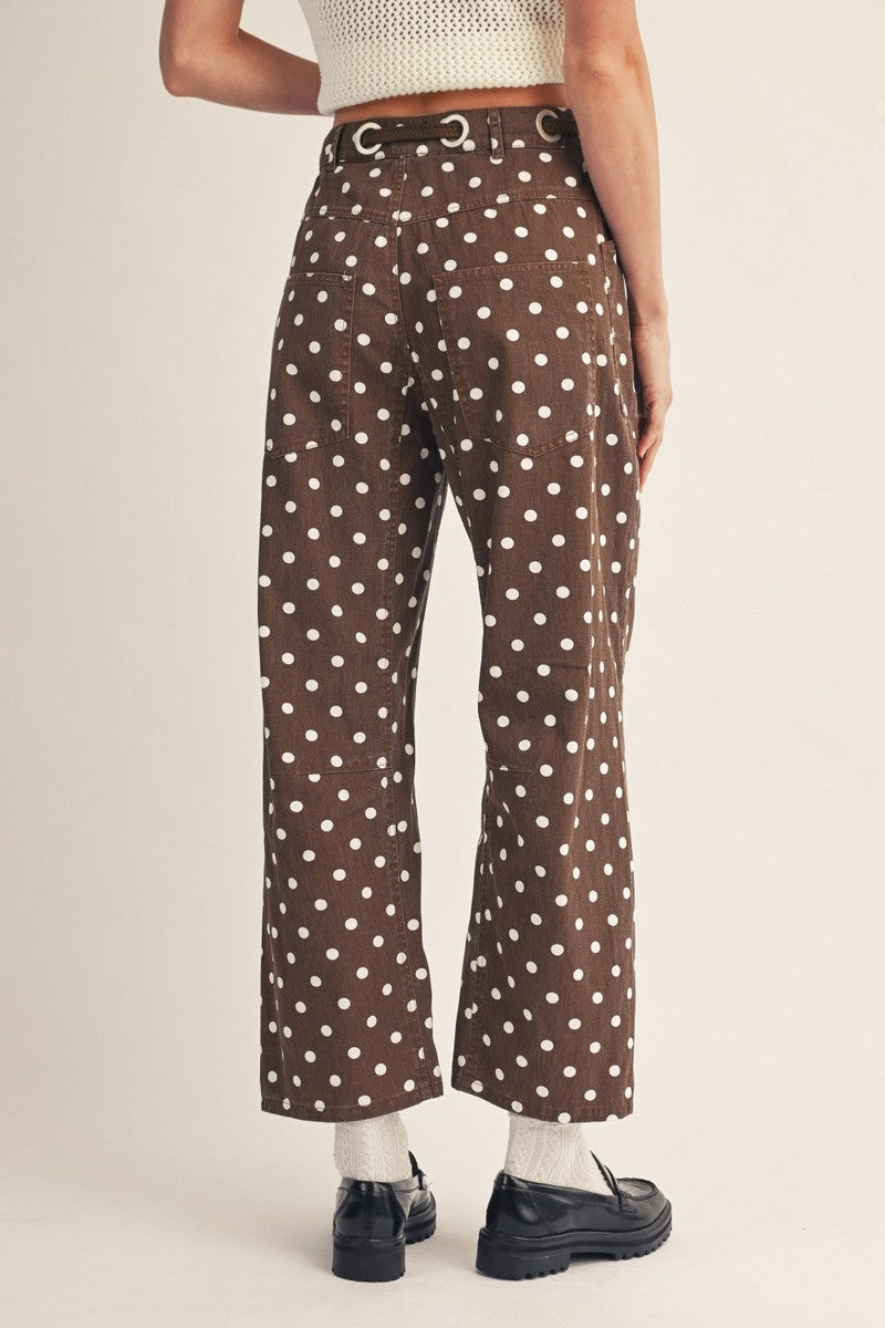 Polka Dot Drawstring Waist Barrel Pant-Brown