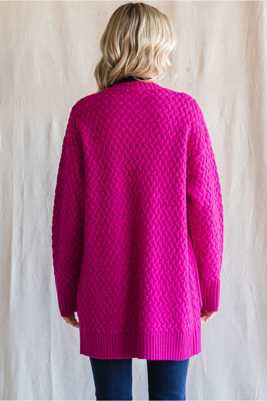 Solid Textured Knit Cardigan W/ Front Pockets- Magenta