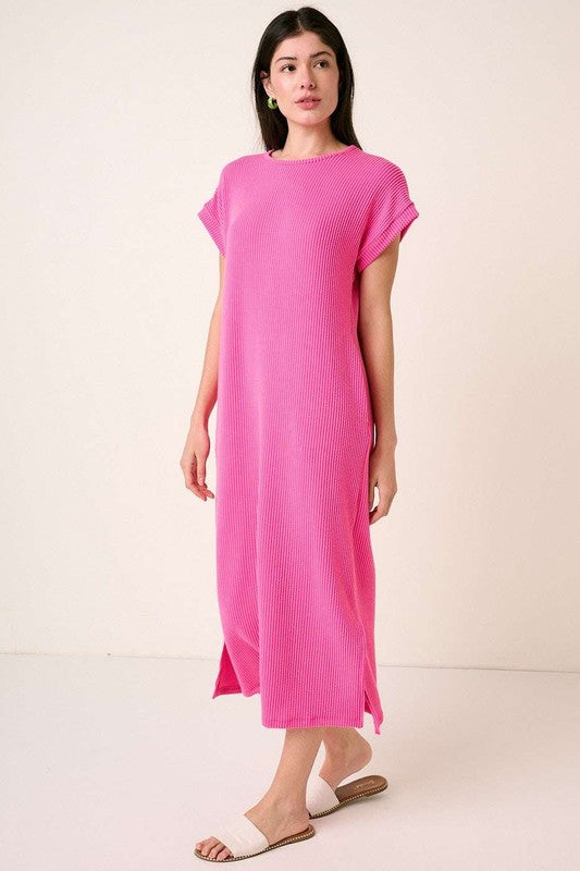 Solid Rib Knit Short Sleeve Midi Dress