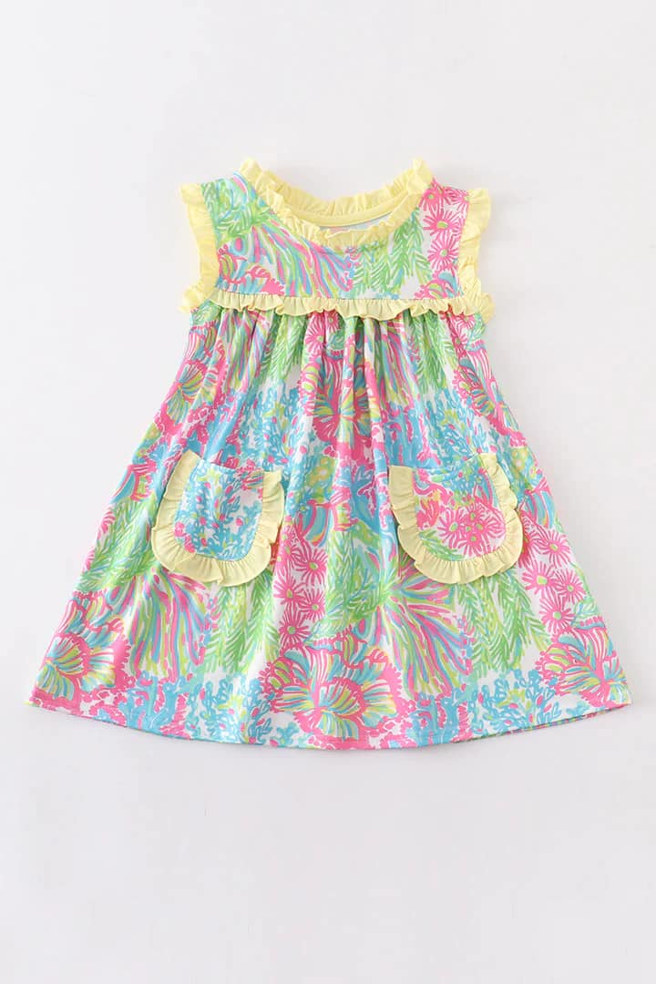 Floral Print Yellow Ruffle Pocket Dress