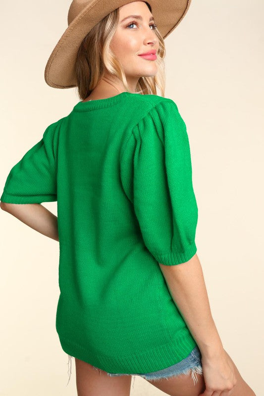 Lucky Sequin Puff Short Sleeve Sweater - Green