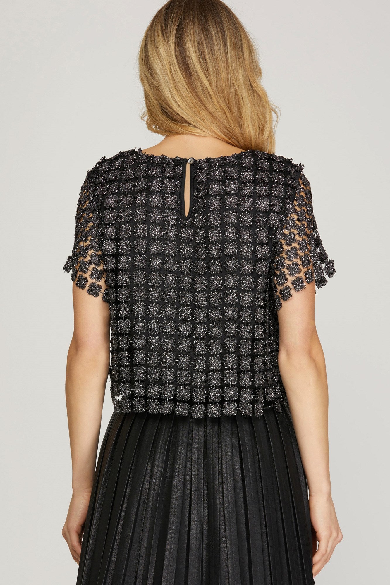 Short Sleeve Lurex Crochet Lace Top- Black