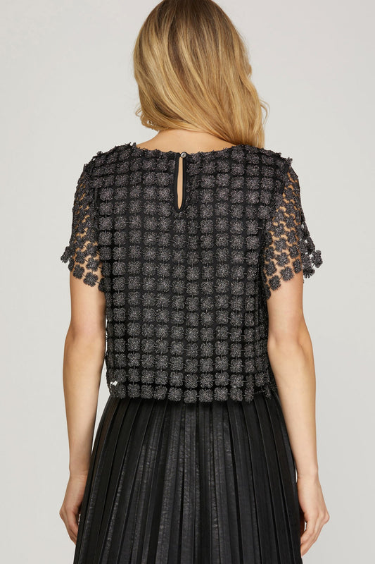 Short Sleeve Lurex Crochet Lace Top- Black