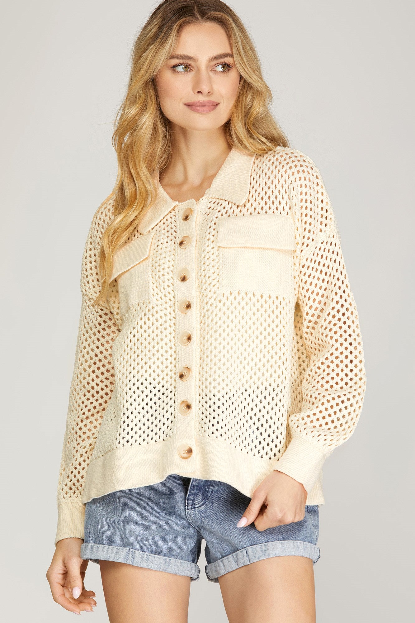 Collared Fish-Net Button Down Pocket Sweater