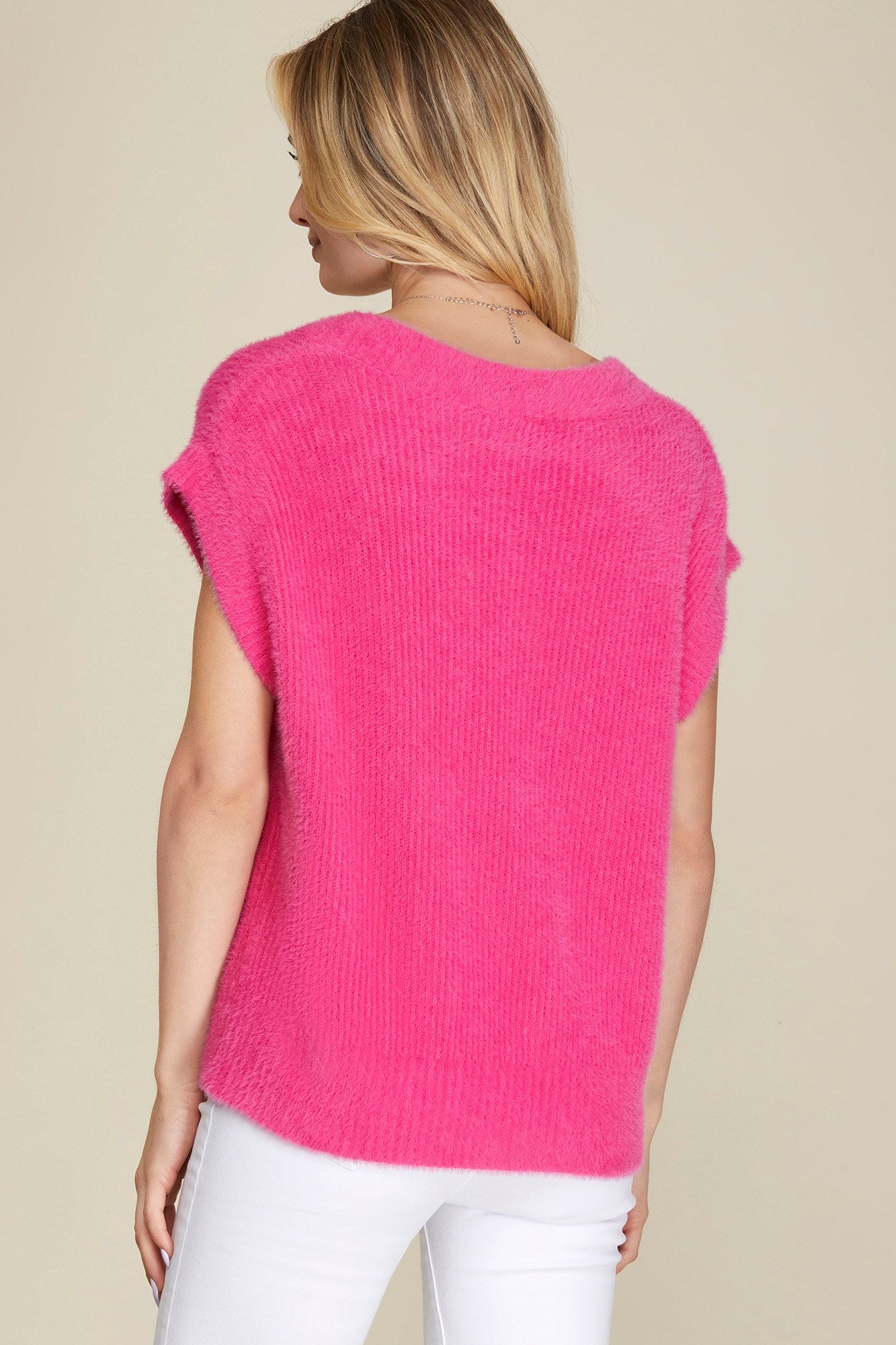 Solid Short Sleeve Ribbed V-Neck Fuzzy Sweater