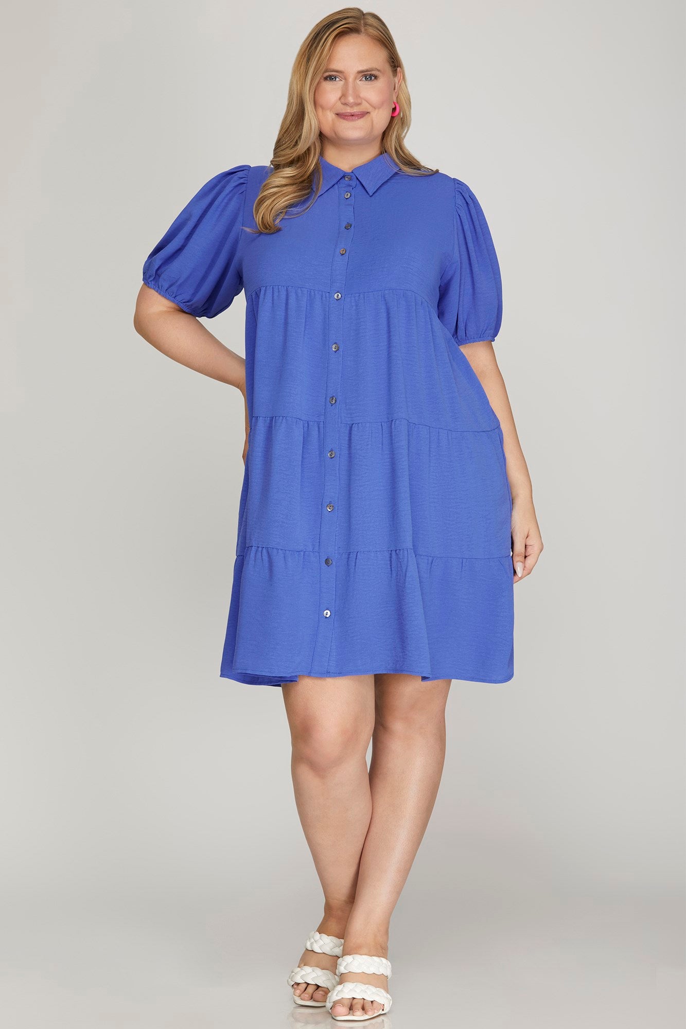 Solid Button Down Puff Sleeve Shirt Dress