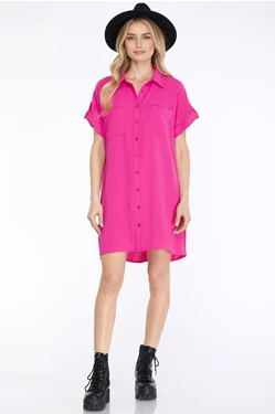 Solid Button Up Double Pocket Shirt Dress