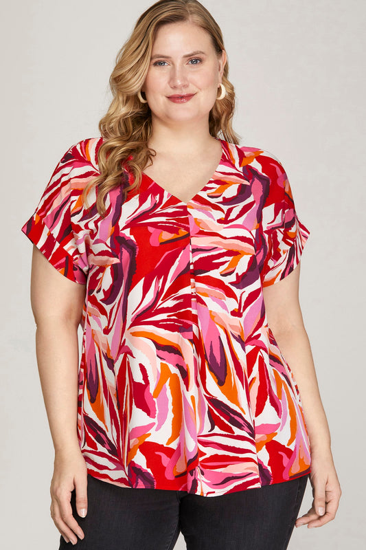 Tropical Abstract Print V-Neck Top - Cream/Red