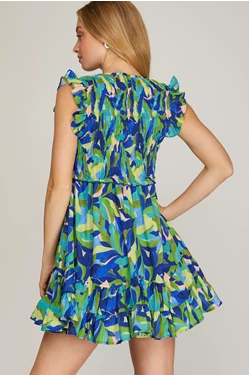 Leaf Print V-Neck Smocked Ruffle Sleeve Dress-Blue