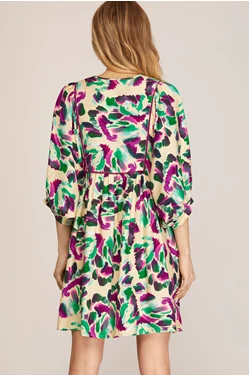 Brush Stroke Puff Sleeve Tie Neck 1/2 Sleeve Dress