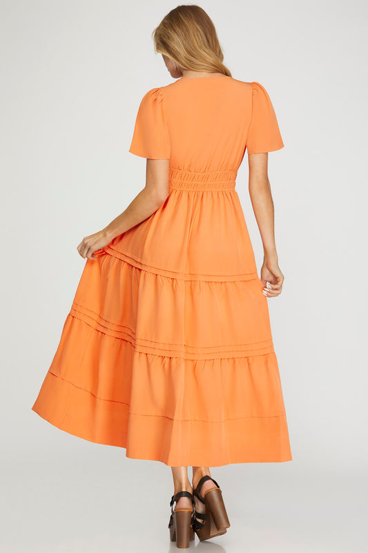 Solid 1/2 Sleeve Elastic Waist Tiered Maxi Dress