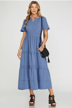 Solid 1/2 Sleeve Elastic Waist Tiered Maxi Dress