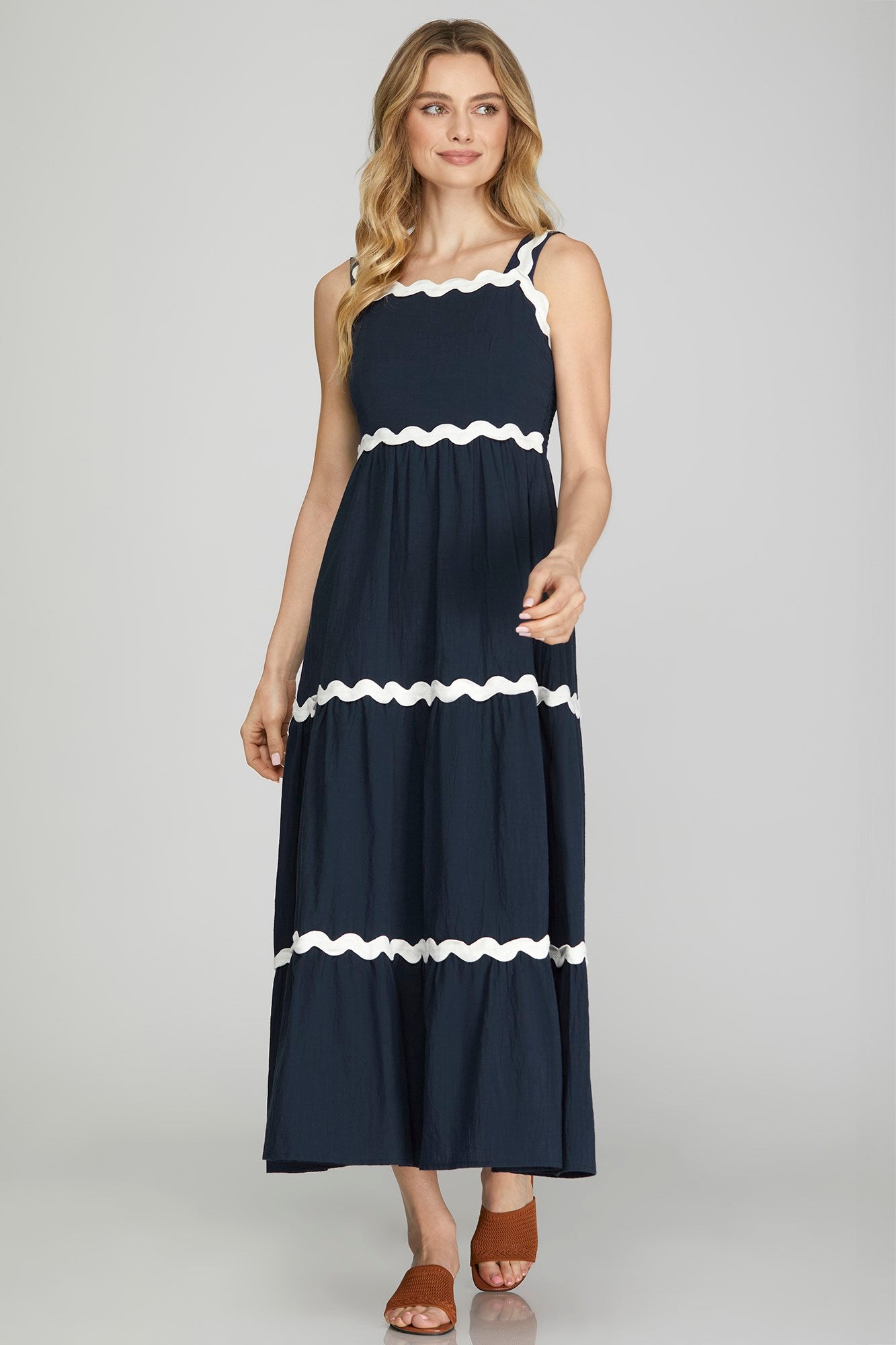 Solid Ric Rac Trim Tiered Midi Dress