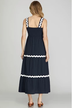 Solid Ric Rac Trim Tiered Midi Dress
