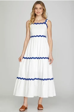 Solid Ric Rac Trim Tiered Midi Dress