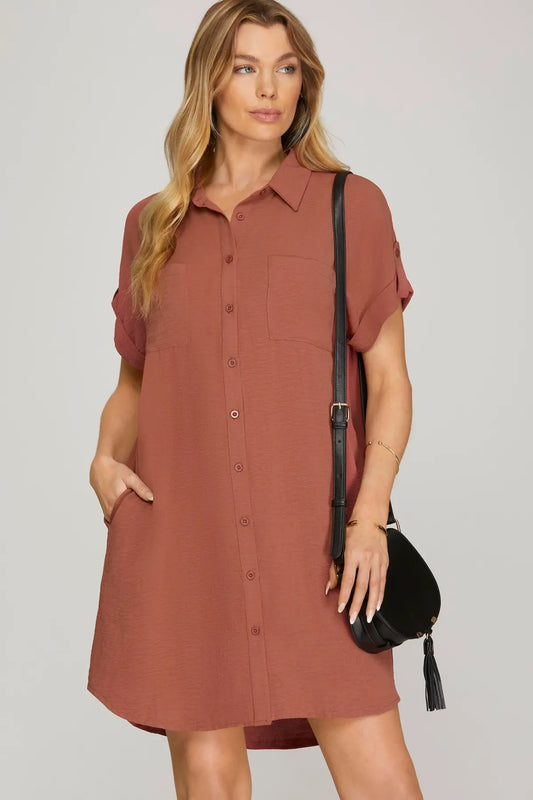 Solid Double Button Up Pocket Shirt Dress-Fall