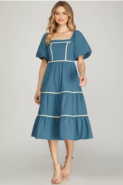 Balloon Sleeve Smocked Back Contrast Binding Midi Dress - Indigo Blue
