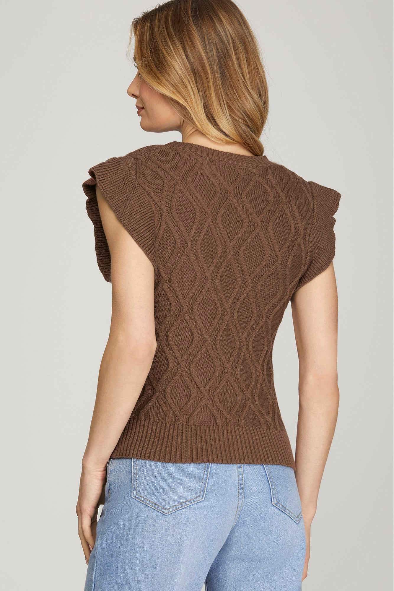 Solid Argyle Textured Ruffle Short Sleeve Sweater