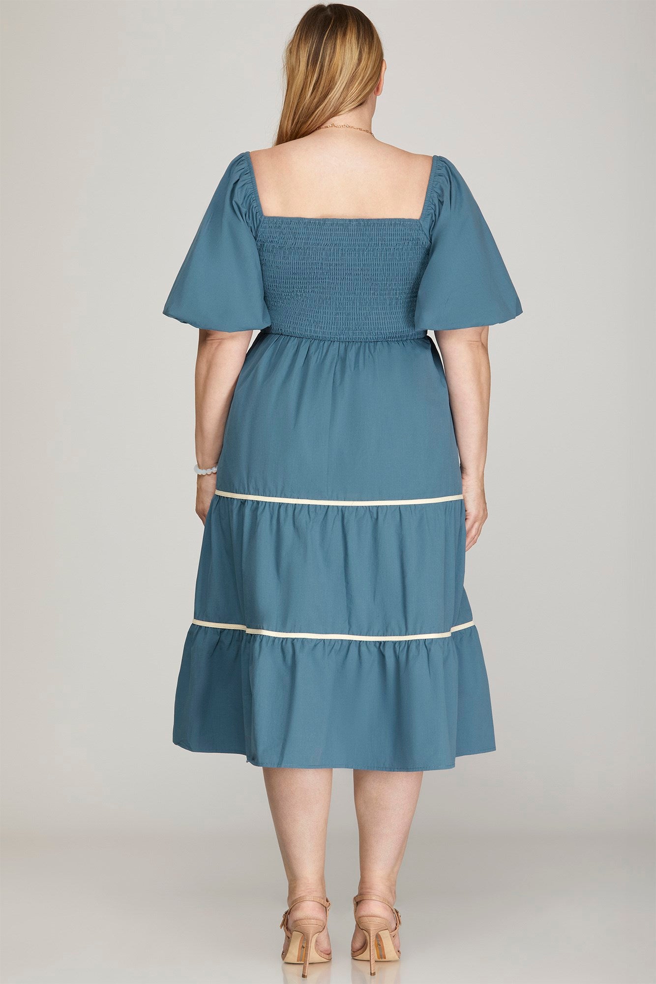 Balloon Sleeve Smocked Back Contrast Binding Midi Dress - Indigo Blue
