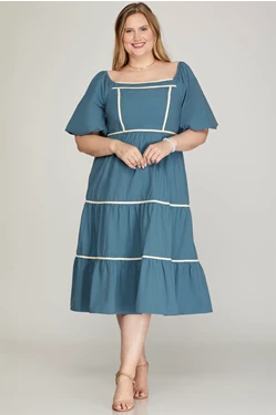 Balloon Sleeve Smocked Back Contrast Binding Midi Dress - Indigo Blue
